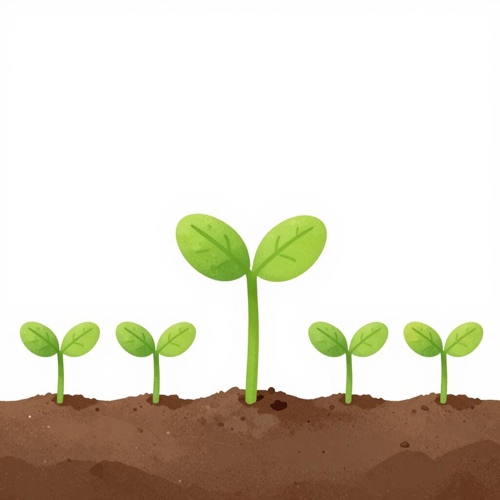 A small plant growing much taller and greener than the others in a row.
