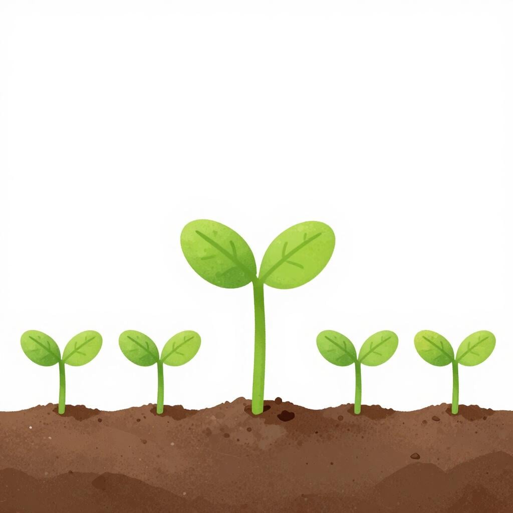 A small plant growing much taller and greener than the others in a row.