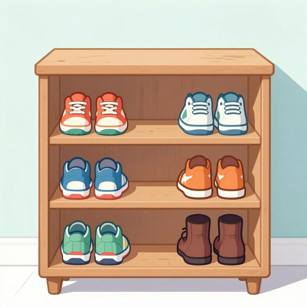 Um armário de madeira arrumado com várias prateleiras, guardando cuidadosamente vários pares de sapatos coloridos.