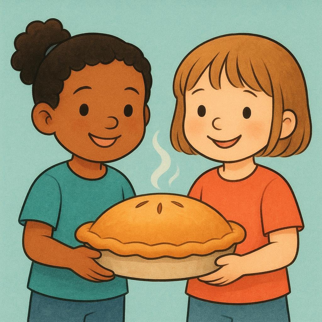 A colorful storybook illustration showing two smiling children jointly holding a large, freshly baked, golden pie, symbolizing that they have successfully obtained it.