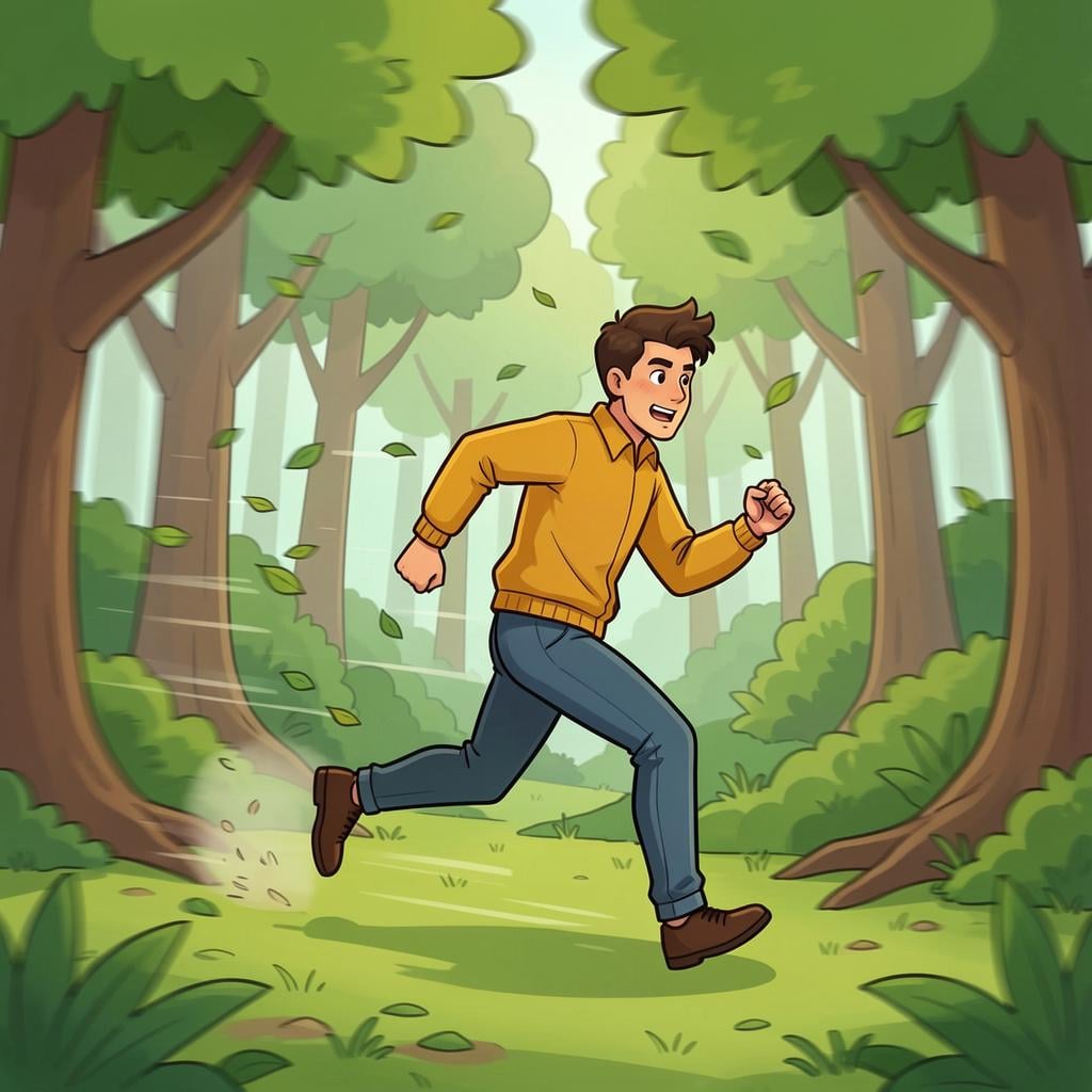 A person running through a dense forest with a determined look on their face.