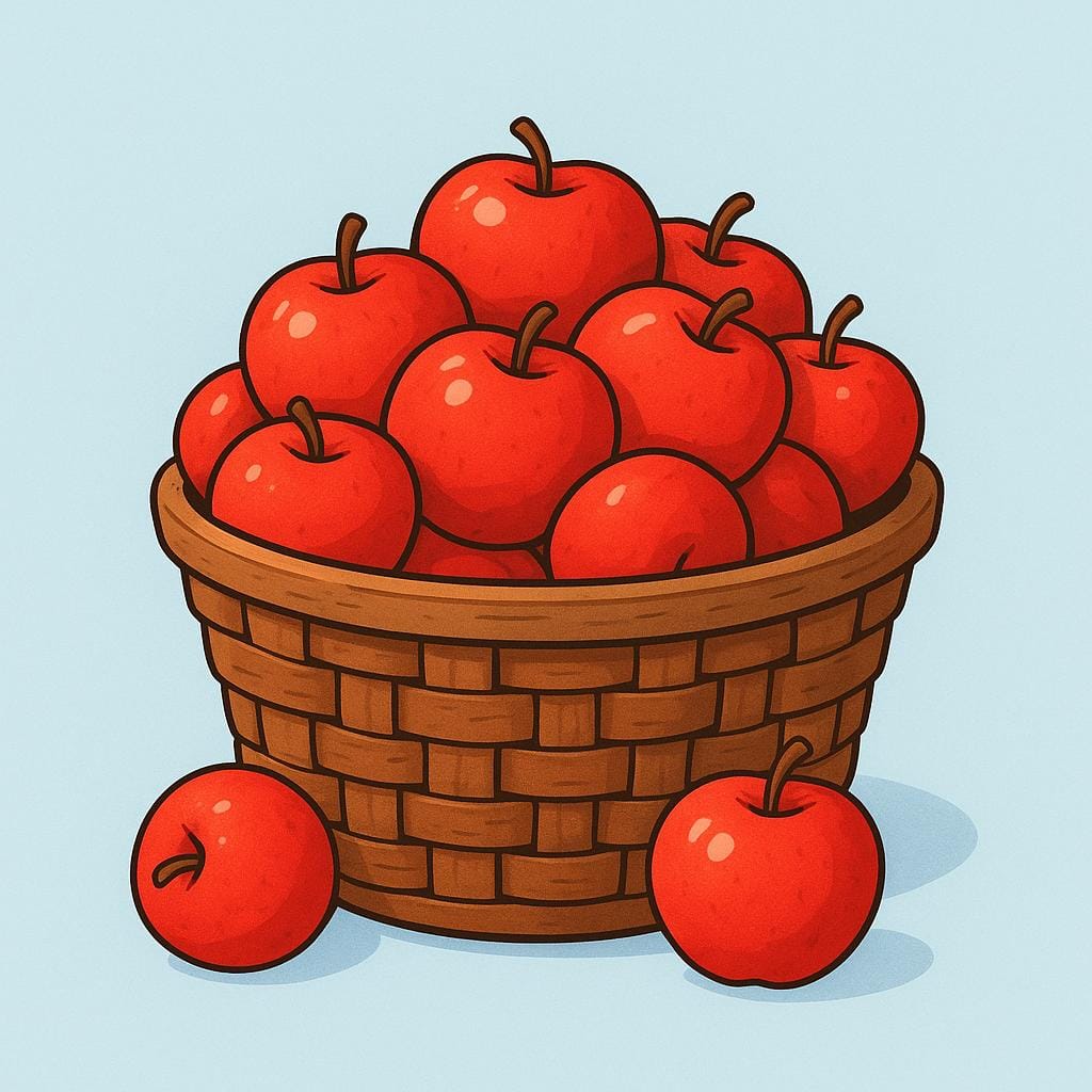A simple brown woven basket packed absolutely full with bright red apples, several of the apples spilling slightly over the rim.