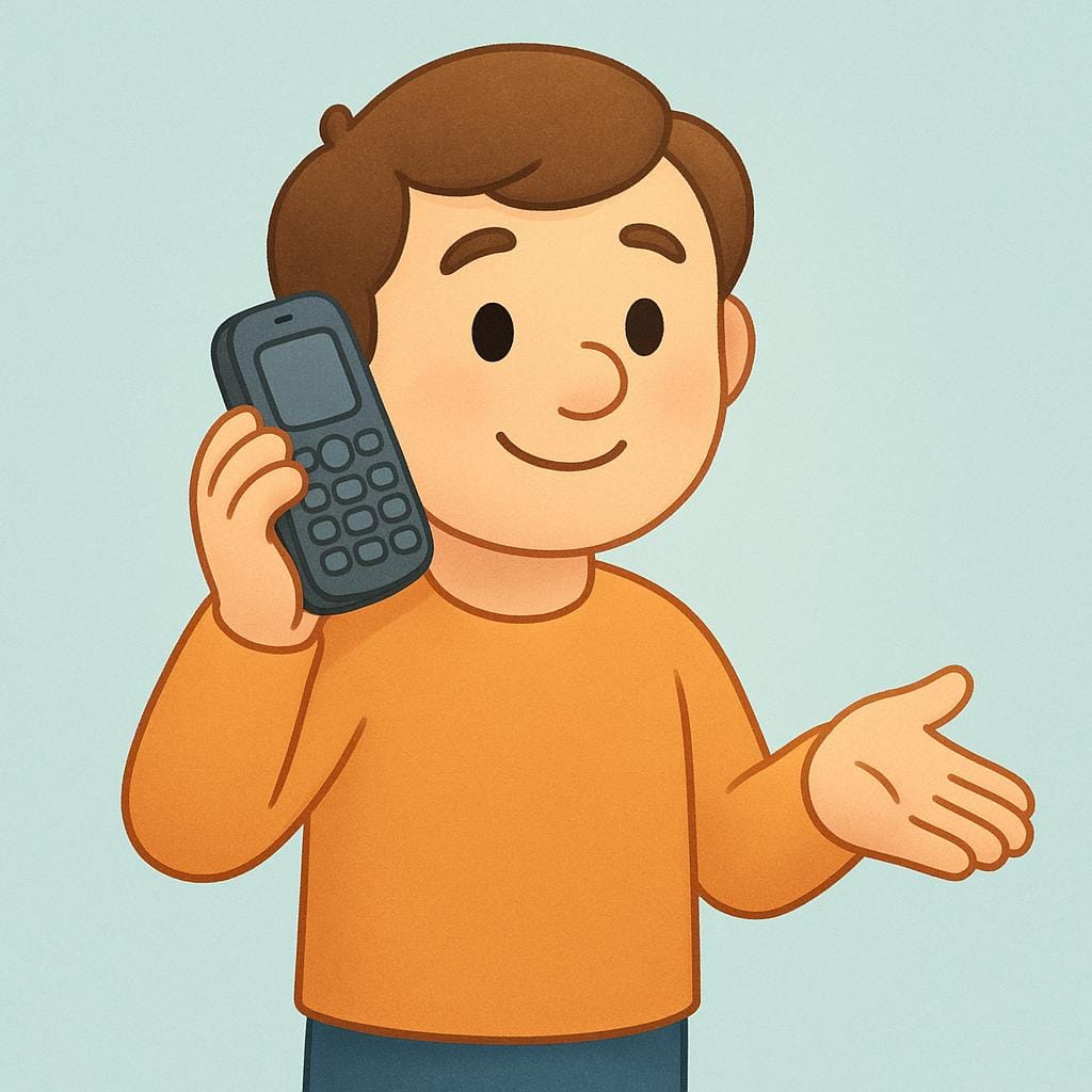 A friendly, simple cartoon character holding a mobile phone to their ear while making an inviting, open-handed gesture forward, requesting contact.