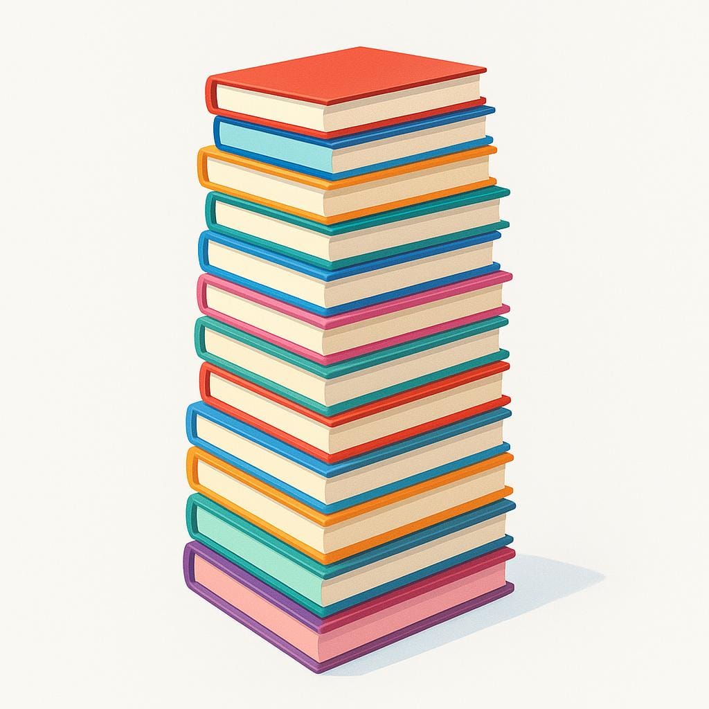A tall, colorful stack of rectangular books forming a neat, high pile.