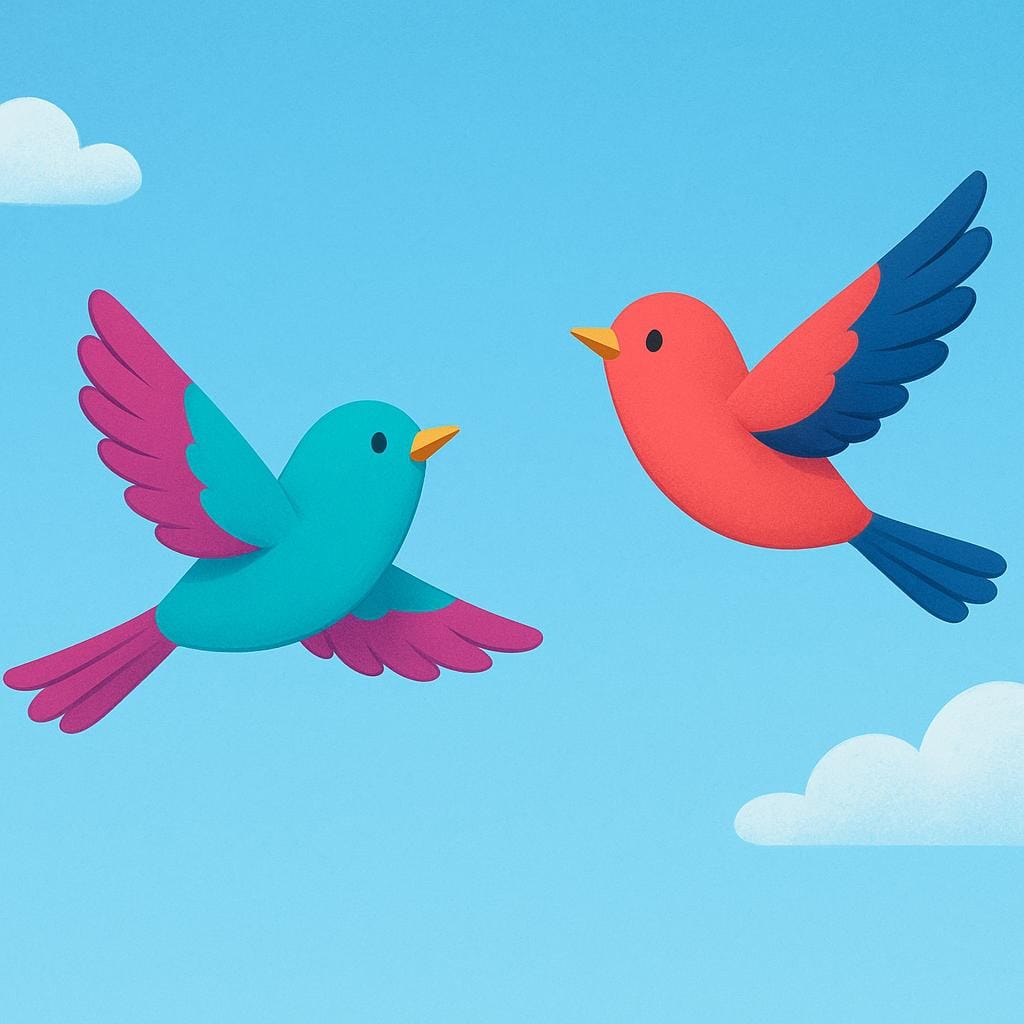 Zwei leuchtend bunte Vögel, die mühelos und frei in einem weiten, offenen blauen Himmel schweben und Freiheit von Gefangenschaft symbolisieren.