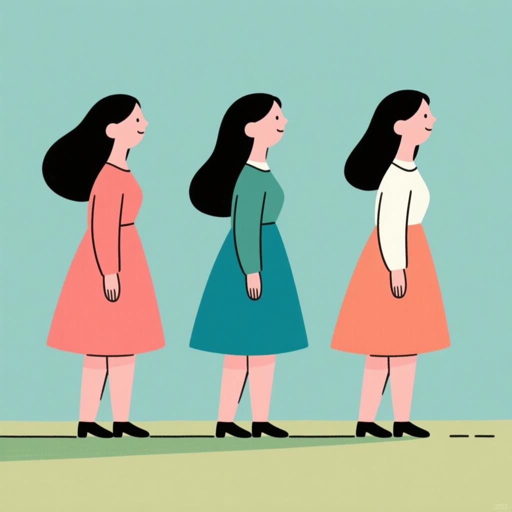 일렬로 서 있는 세 명의 스타일리시한 여성 인물. 줄 끝에 있는 인물이 뒤돌아보고 있어 '마지막 사람'을 나타냅니다.