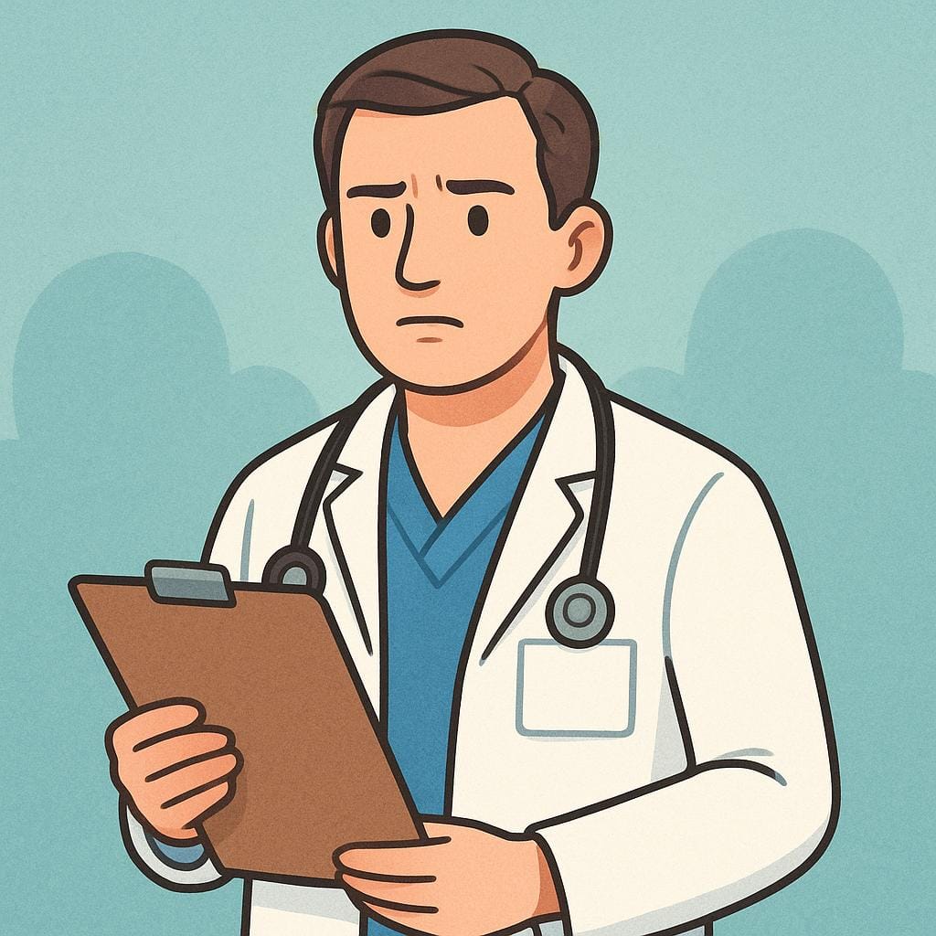 A storybook illustration showing a doctor with a deeply serious and concerned expression on their face, representing a grave situation.