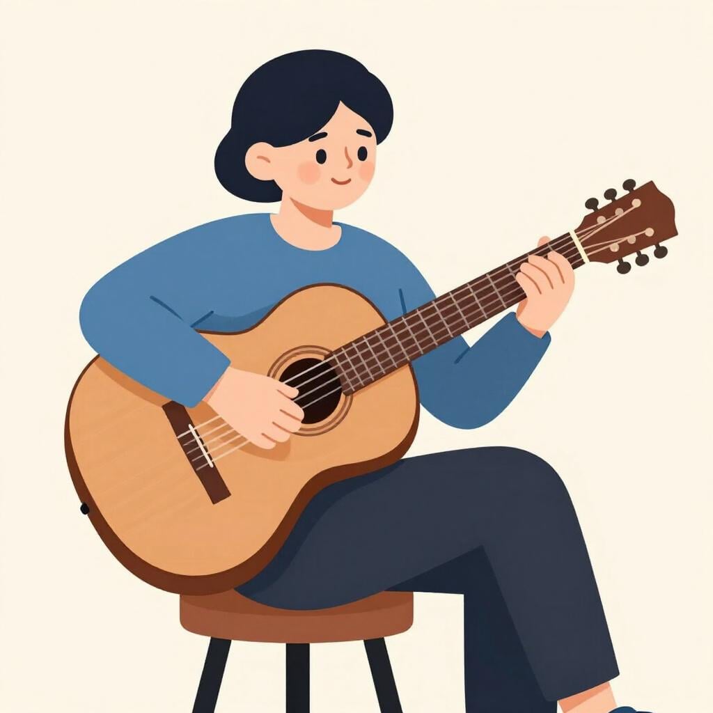 A musician sitting on a wooden stool playing a wooden guitar on a small stage.