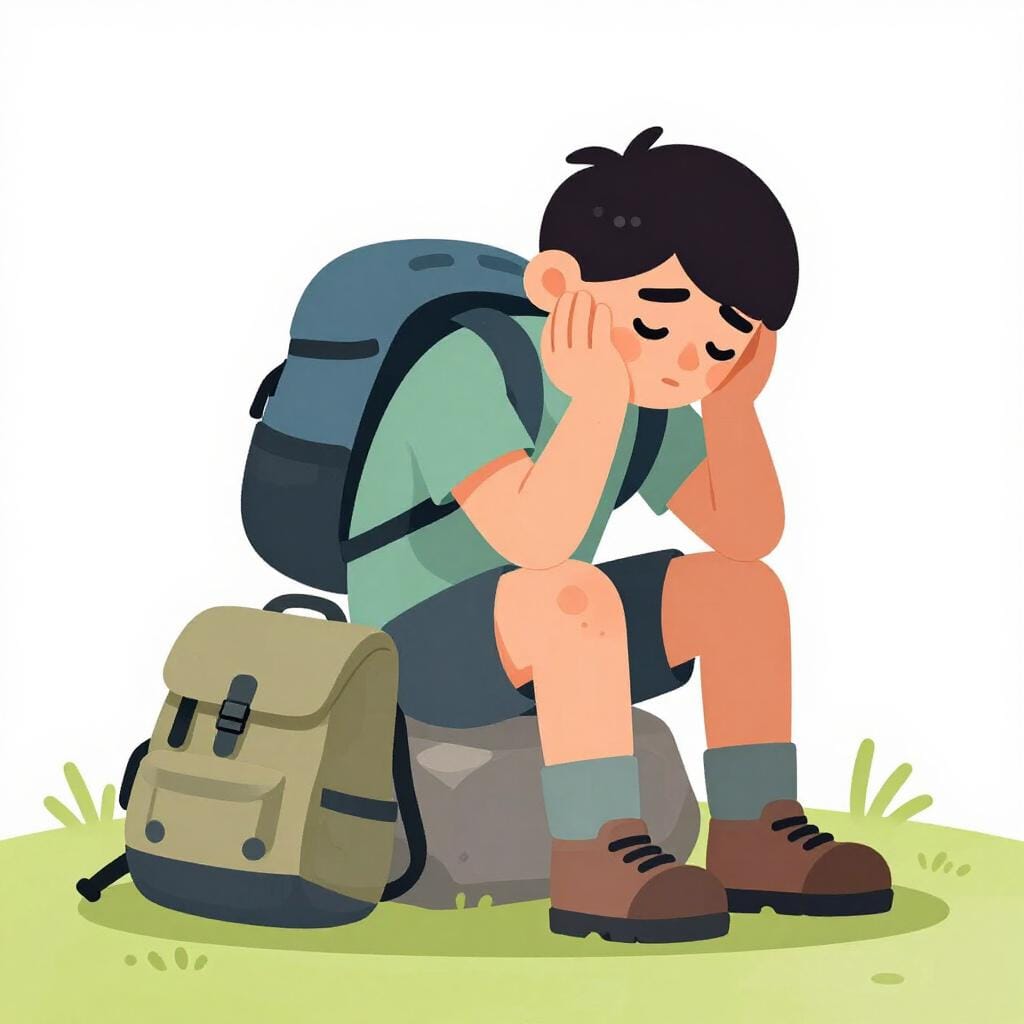 A hiker sitting on a large rock with their head resting in their hands, looking very tired.