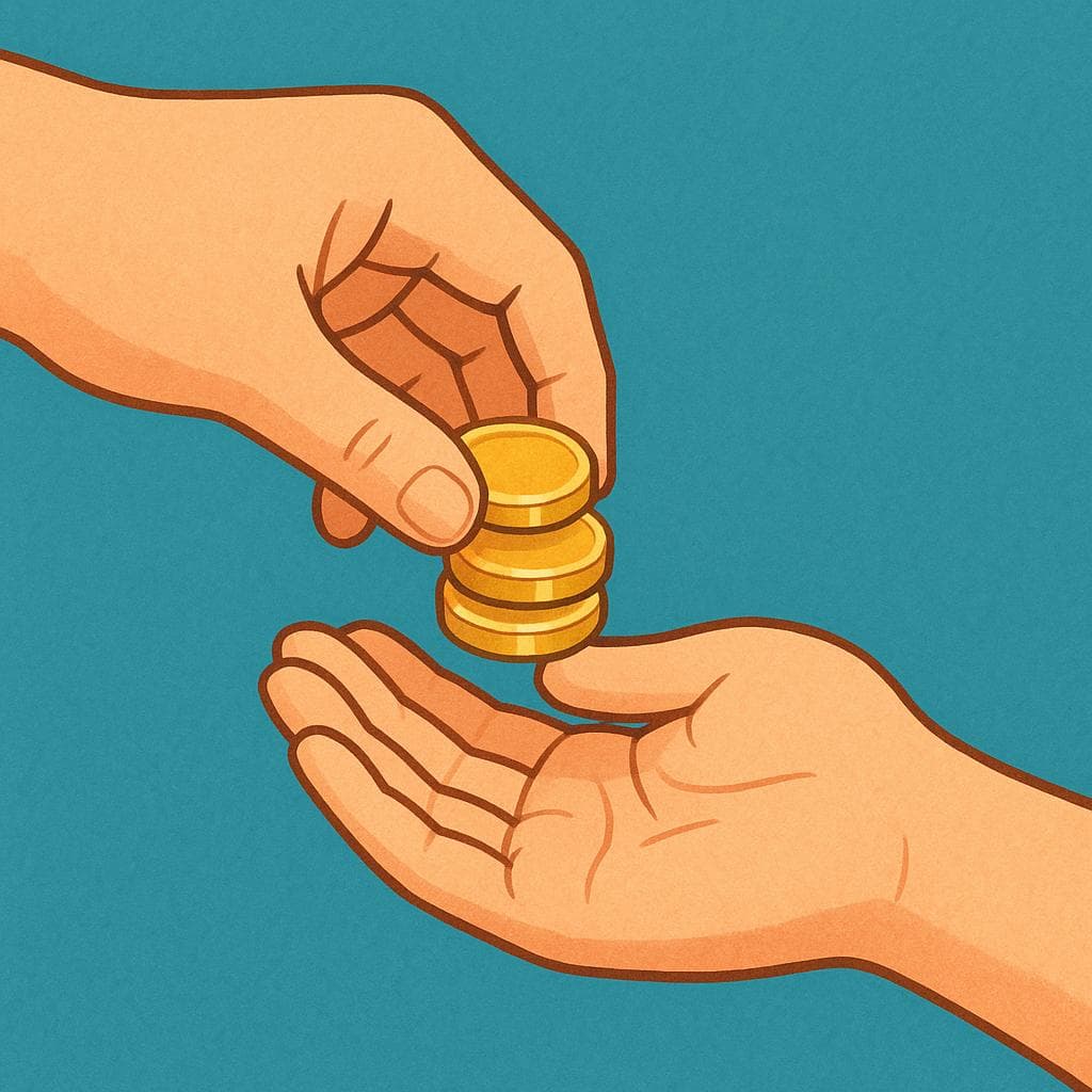 Une grande main passant doucement une petite pile de pièces d'or à une autre main ouverte, sur un fond coloré uni, représentant un prêt.