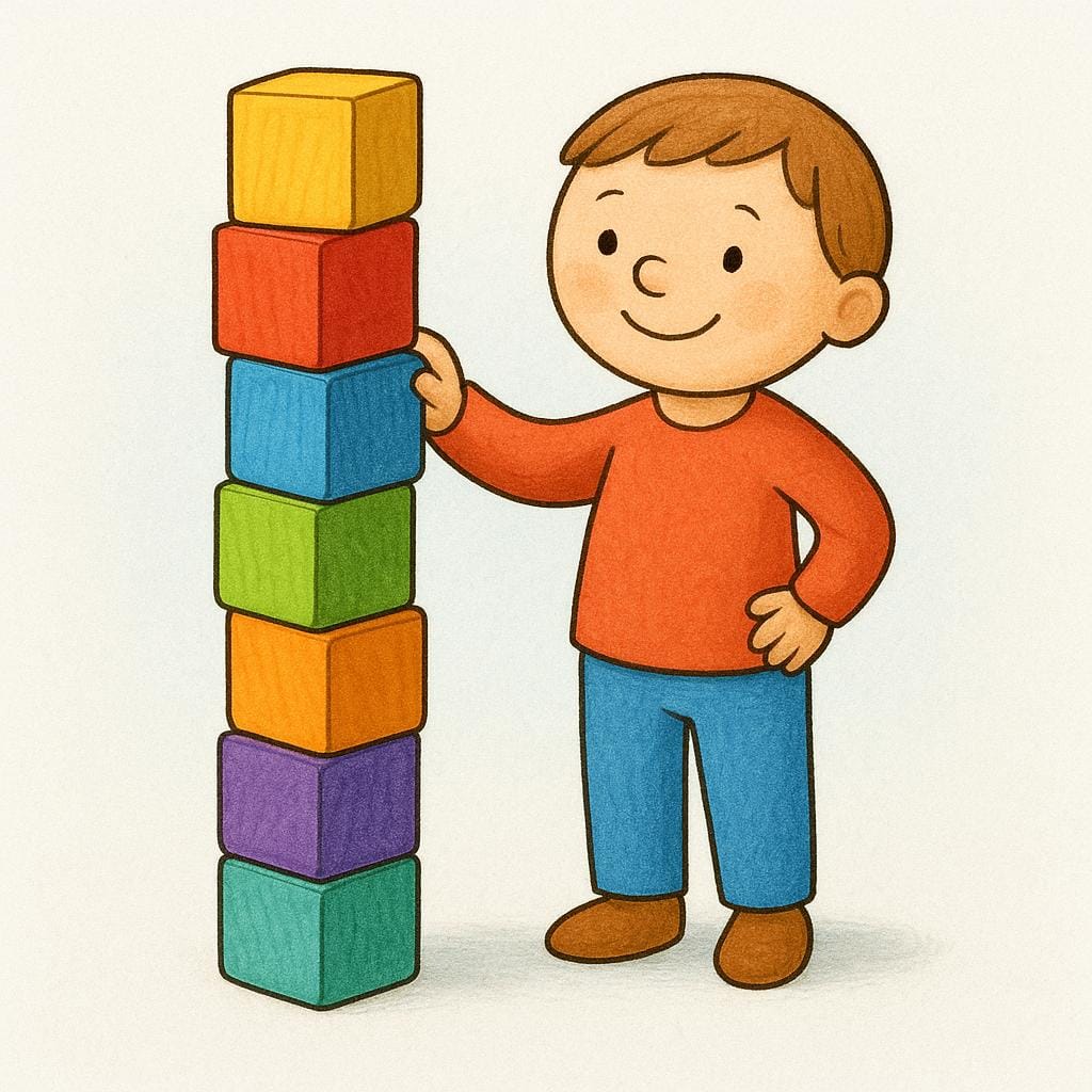 A simplified cartoon figure successfully placing the final block on a stable, perfectly balanced structure, indicating a sensible and well-thought-out approach.