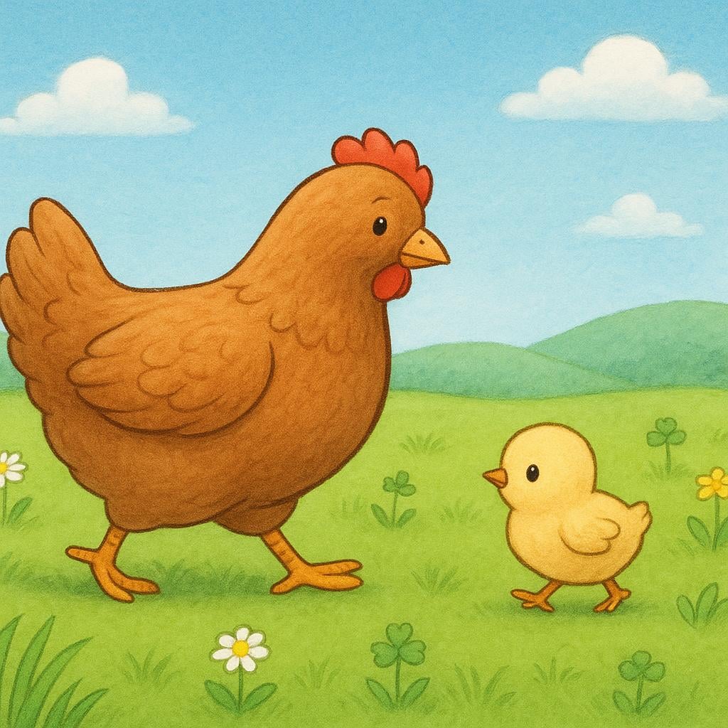 A storybook illustration showing a large, fully developed hen walking with a tiny chick across a grassy field.