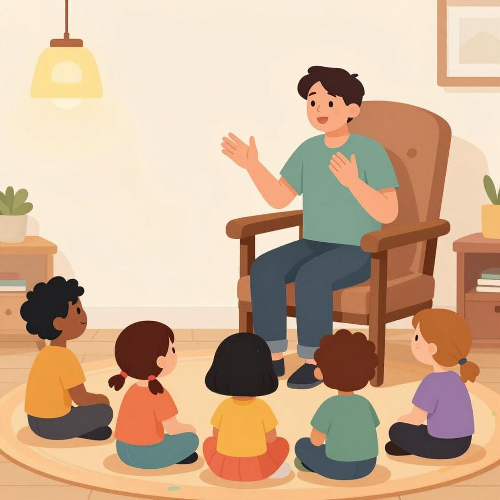 A friendly person sitting in a cozy armchair, gesturing with their hands while telling a story to a group of attentive children.