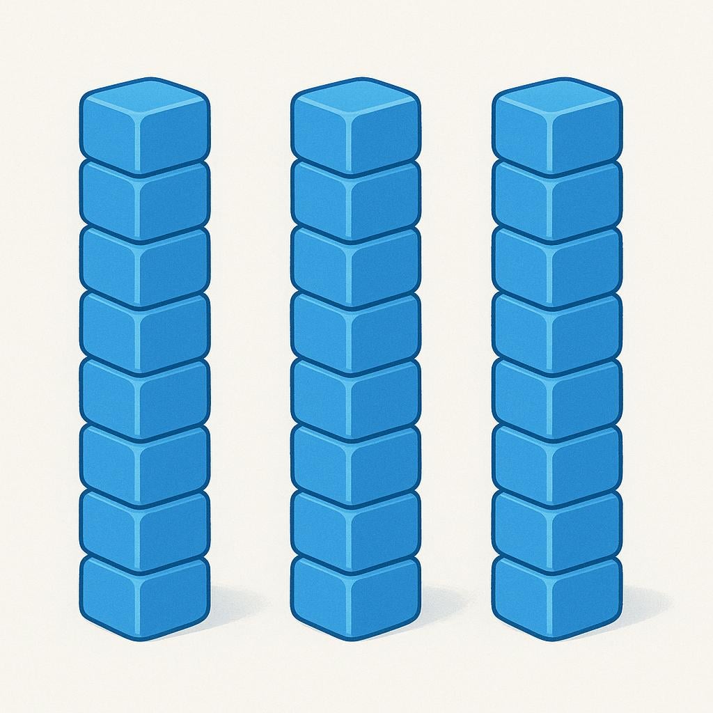 An illustration showing three separate, distinct stacks of ten identical blue building blocks each, symbolizing the mathematical value of thirty.
