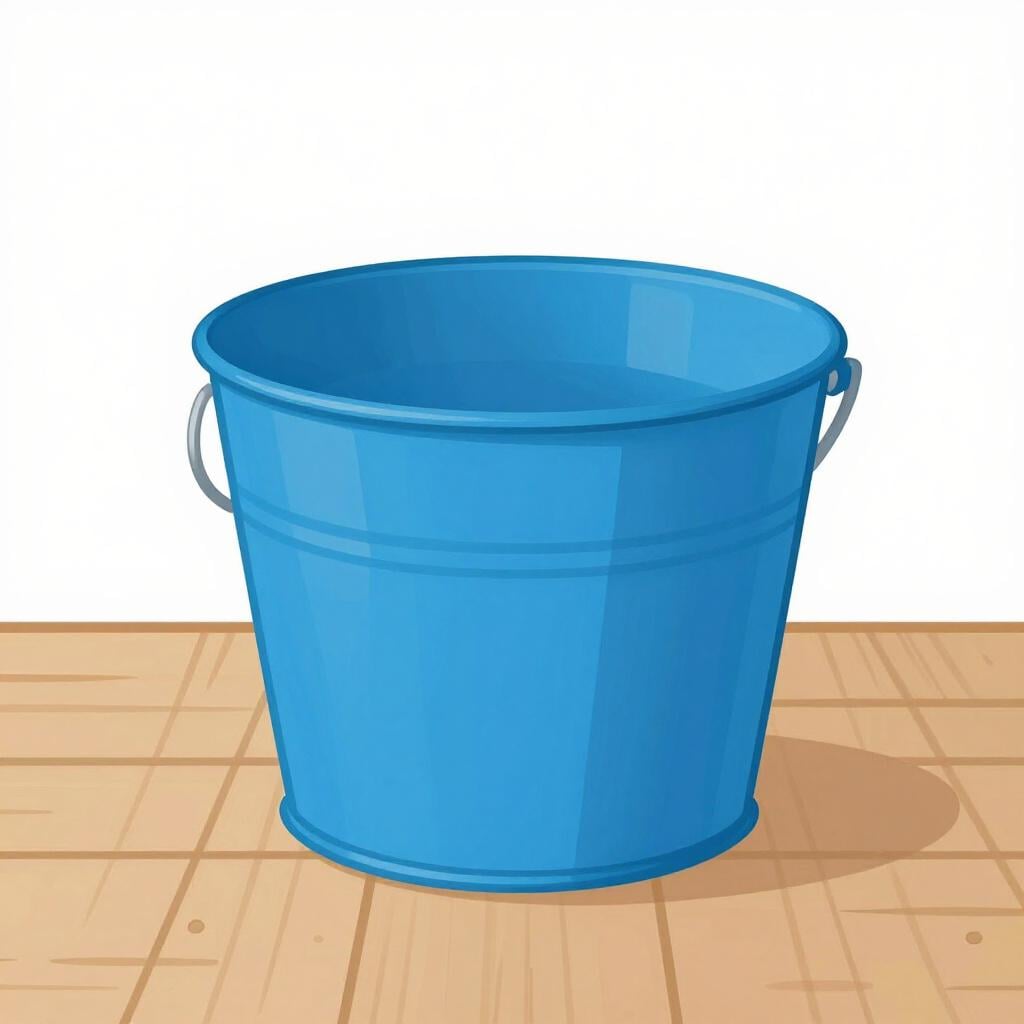A bright blue metal bucket with a silver handle sitting on a wooden floor.