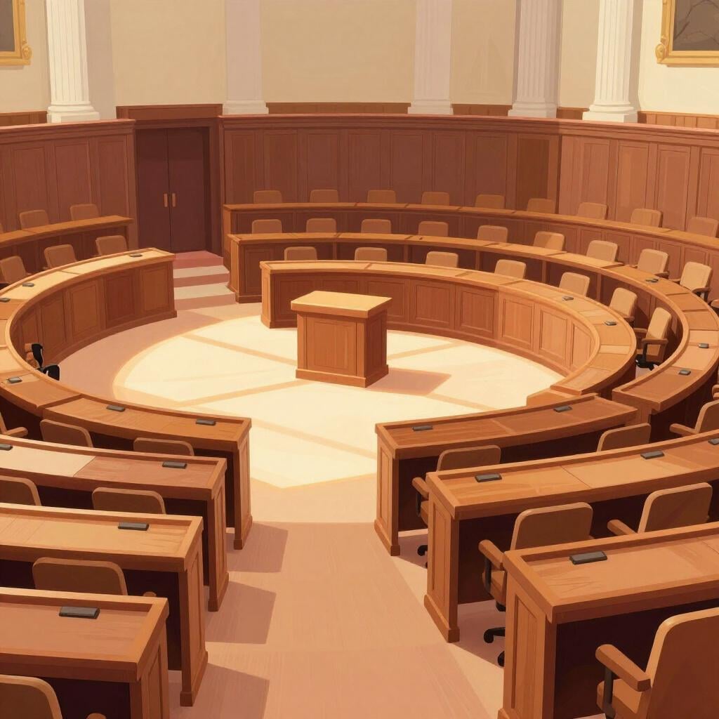 A row of empty ornate wooden chairs in a semi-circle inside a grand hall with sunlight streaming through large windows.