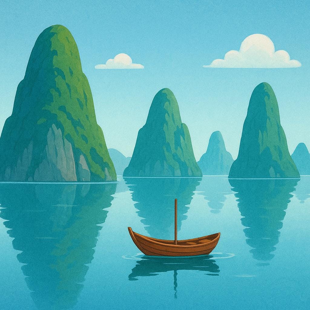 A storybook illustration showing the distinctive landscape of Vietnam, specifically large green limestone mountains (karsts) emerging from calm water, with a small brown wooden boat floating in the foreground.