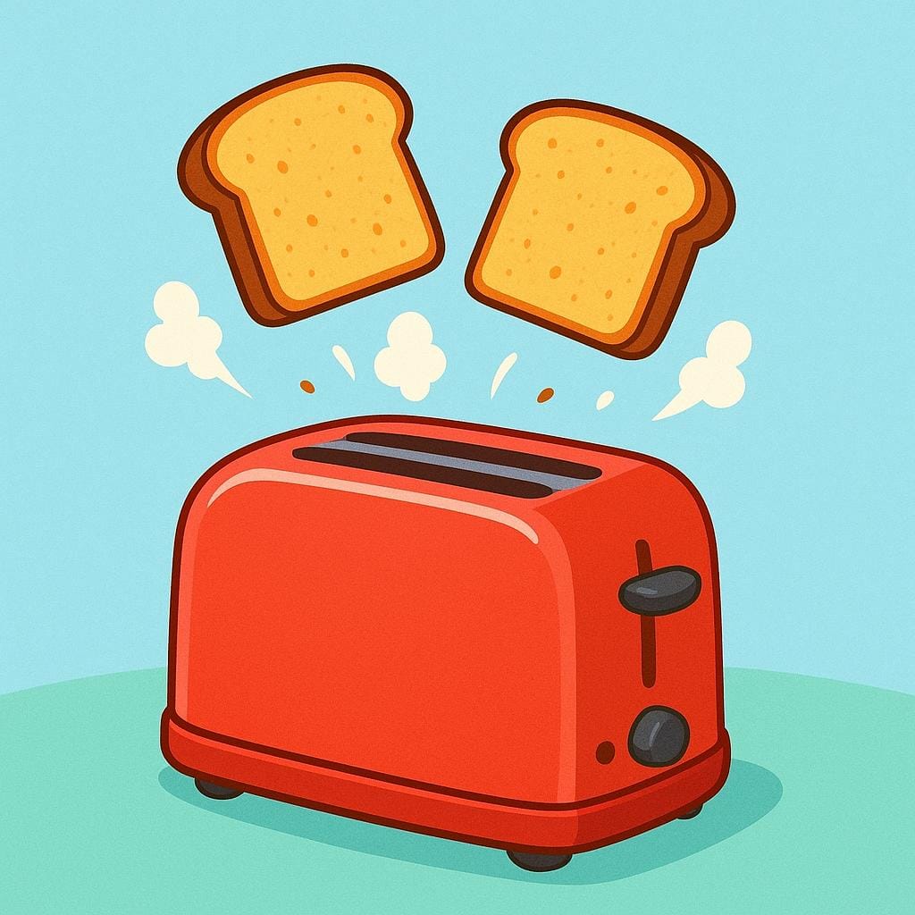 Un grille-pain rouge vif éjectant avec succès deux tranches de pain parfaitement dorées en l'air, indiquant que l'appareil fonctionne.