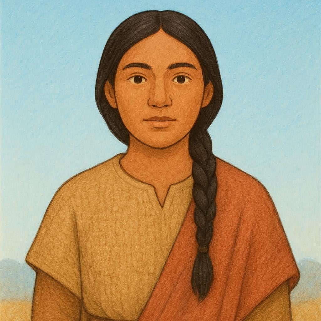 A storybook illustration of a solitary indigenous person of the Americas wearing simple, traditional clothing.