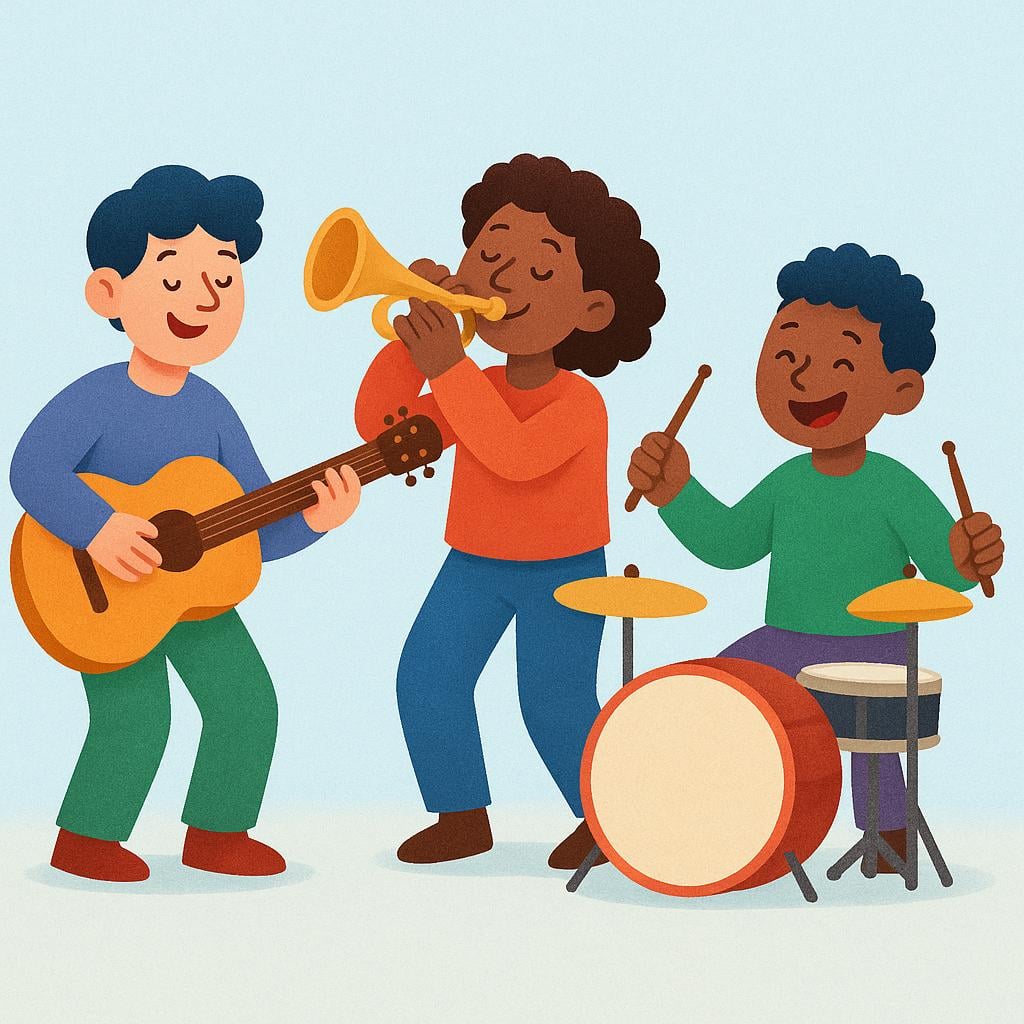 Three cheerful musicians performing together. One musician is playing an acoustic guitar, another is playing a trumpet, and the third is playing a drum set.