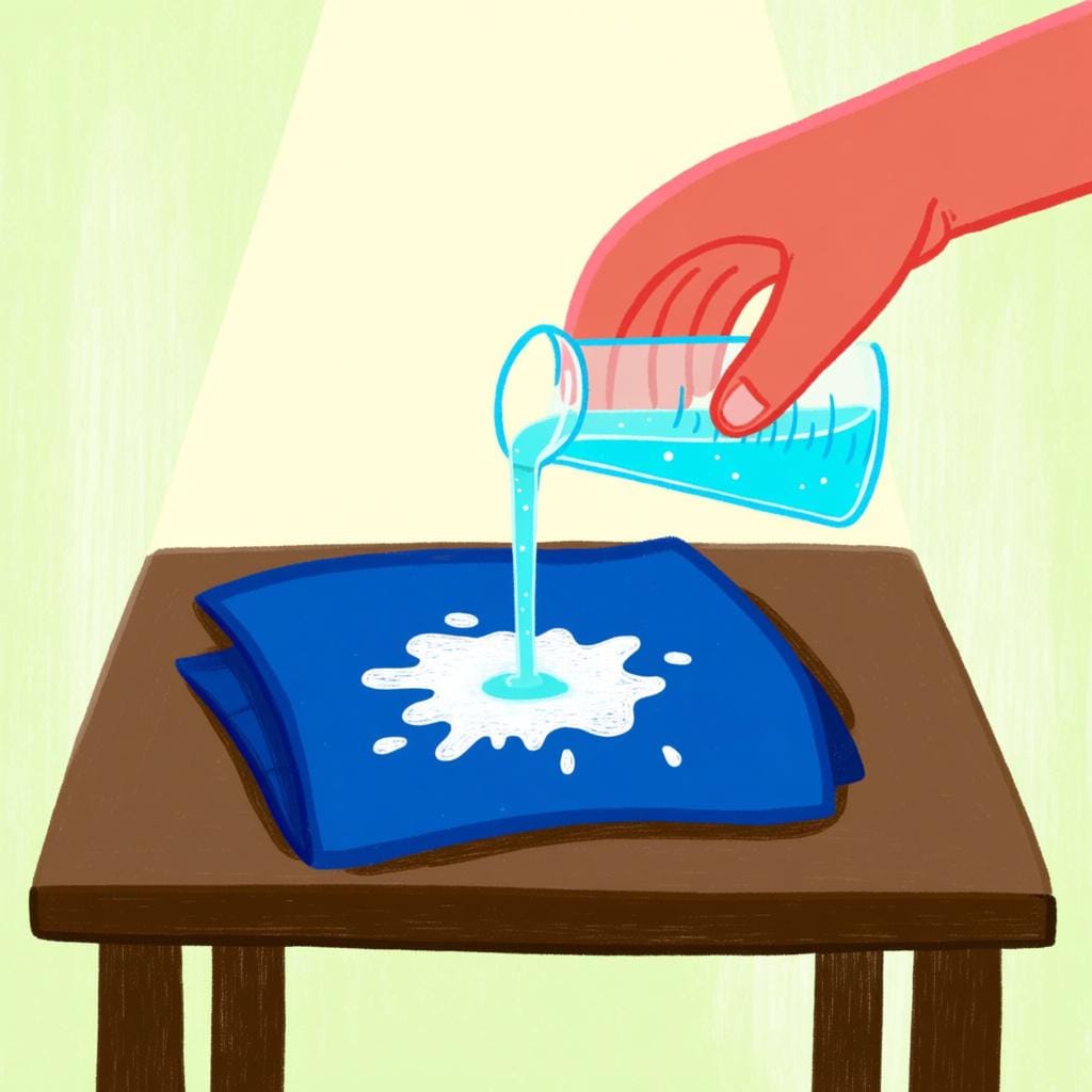 A hand pouring a clear liquid from a beaker onto blue fabric, causing a large white spot to instantly appear, symbolizing a chemical agent.