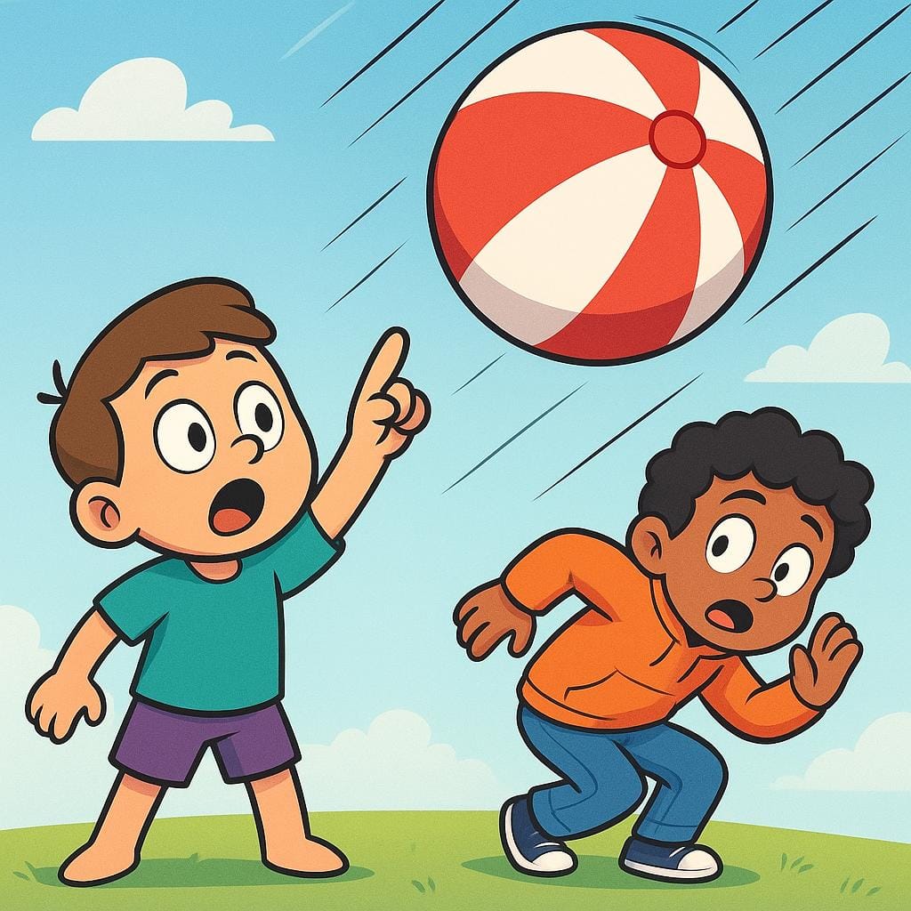 A colorful illustration showing one figure urgently pointing upwards while another figure ducks to avoid a large object falling from the sky.