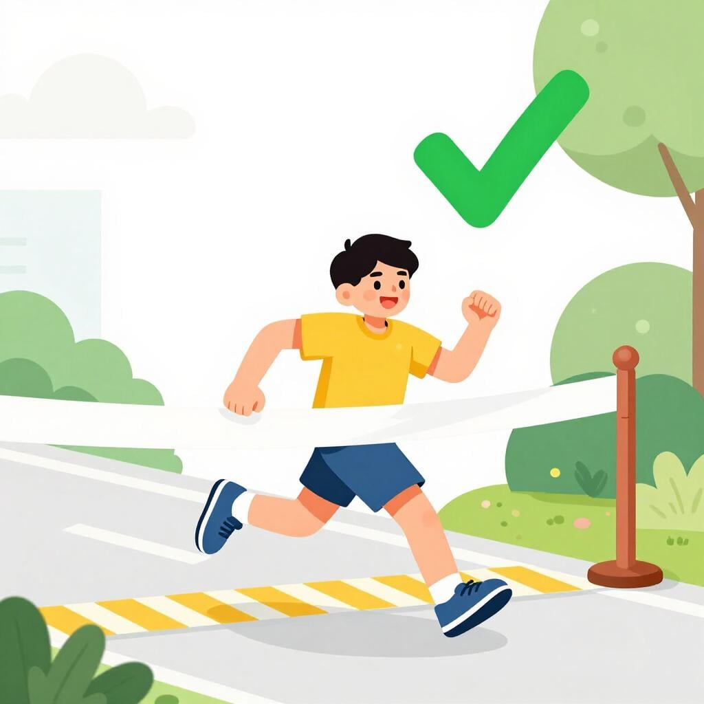 A happy athlete wearing a gold medal standing on a podium with a winner's ribbon.