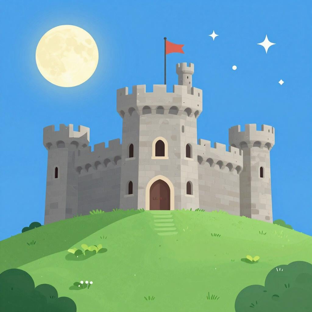 A medieval castle sitting on a high hill under a starry night sky.