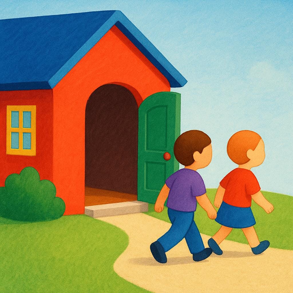 Two small figures are walking away from an open doorway of a colorful house, illustrating the concept of leaving.