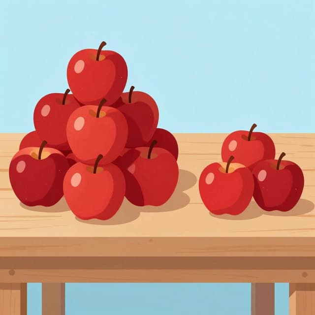 A colorful storybook illustration showing a large pile of red apples on the left side and a much smaller pile of red apples on the right side.