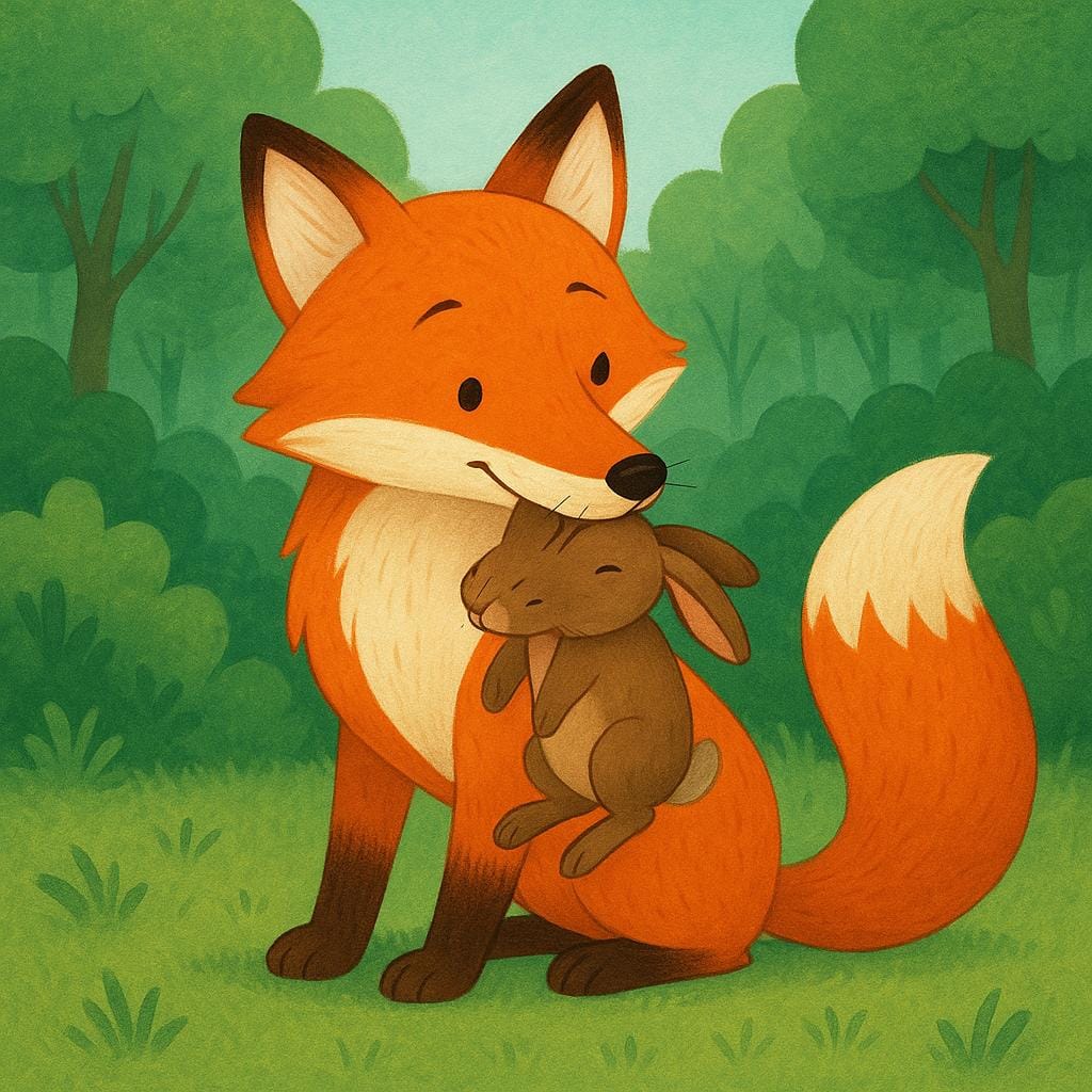 A storybook illustration showing a large orange fox holding a small brown rabbit in its mouth, representing the concept of prey.