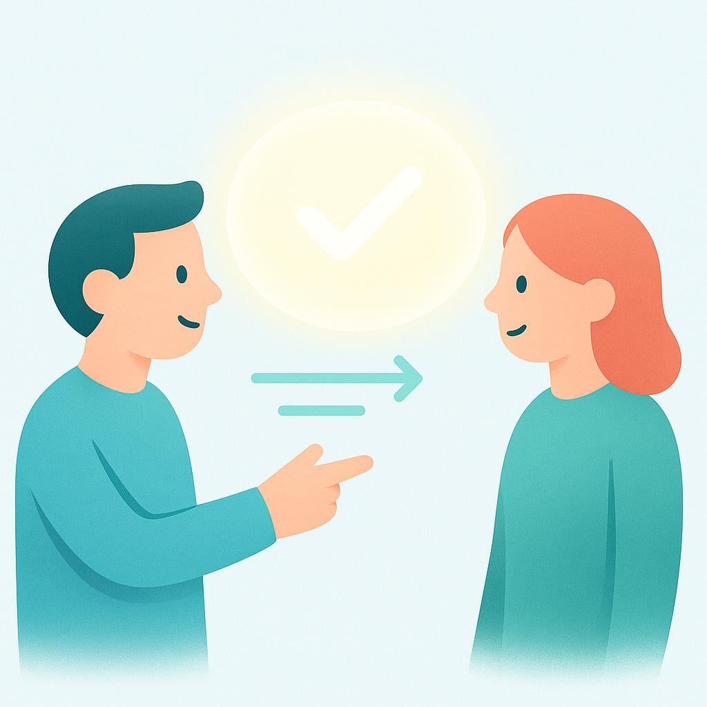 Two stylized figures interacting, one figure pointing towards a glowing symbol (representing information) floating between them, illustrating the completed action of informing.