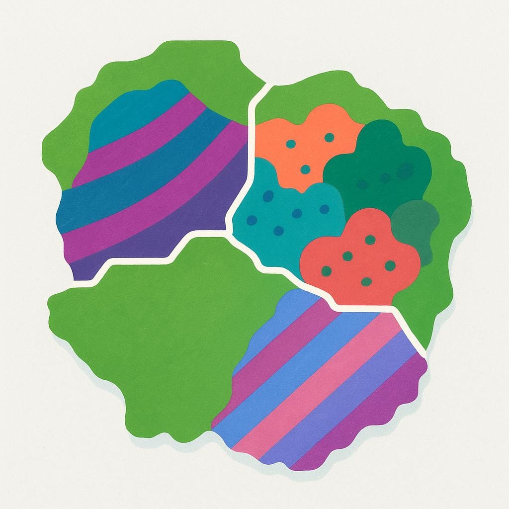 A stylized, colorful map showing a large geographical area clearly separated into three distinct administrative regions by thick white lines.
