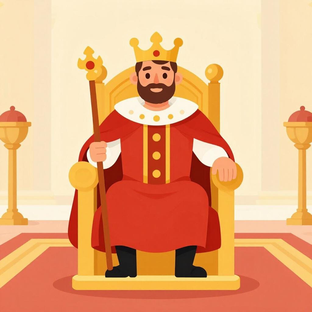 Um rei usando uma coroa dourada e segurando um cetro enquanto está sentado em um trono majestoso.