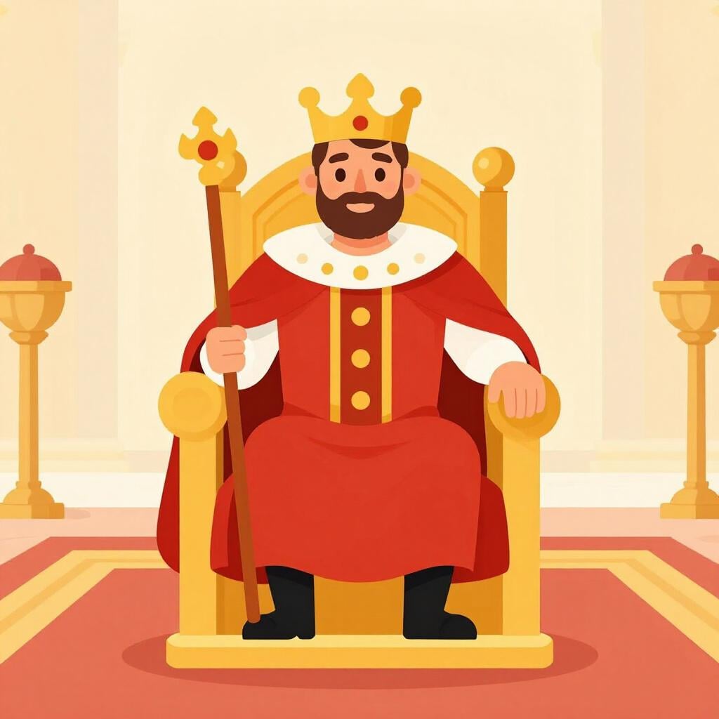 Ein König mit einer goldenen Krone und einem Zepter, der auf einem majestätischen Thron sitzt.
