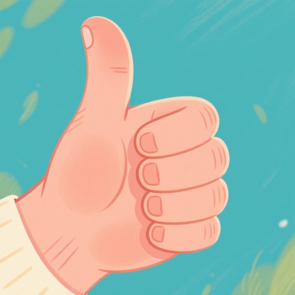 A close-up of a hand giving a clear, enthusiastic thumbs-up sign against a bright background.