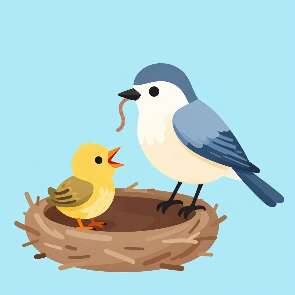 A small baby bird in a nest opening its beak wide while its mother feeds it a worm.