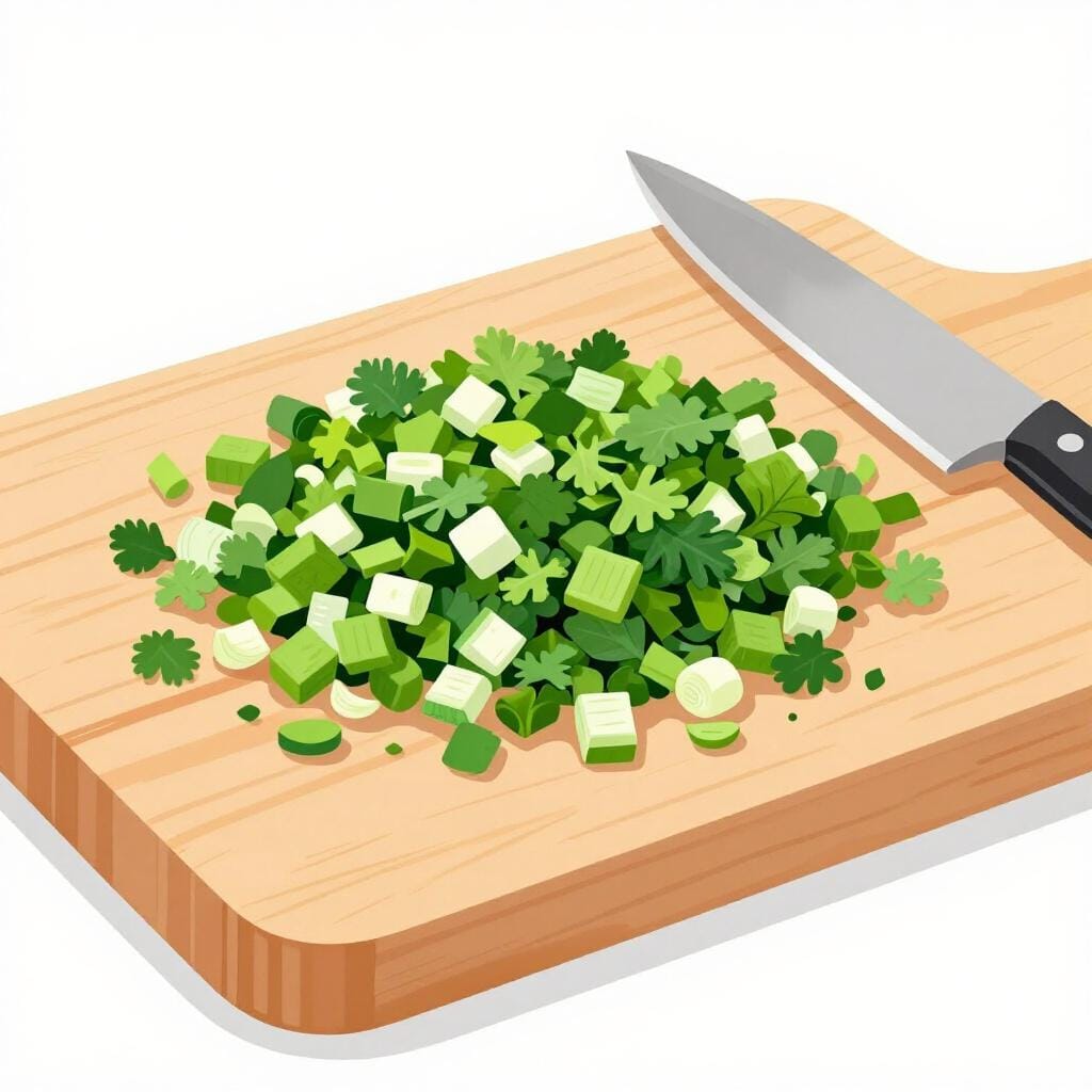 A wooden cutting board with finely chopped green herbs and white onions.