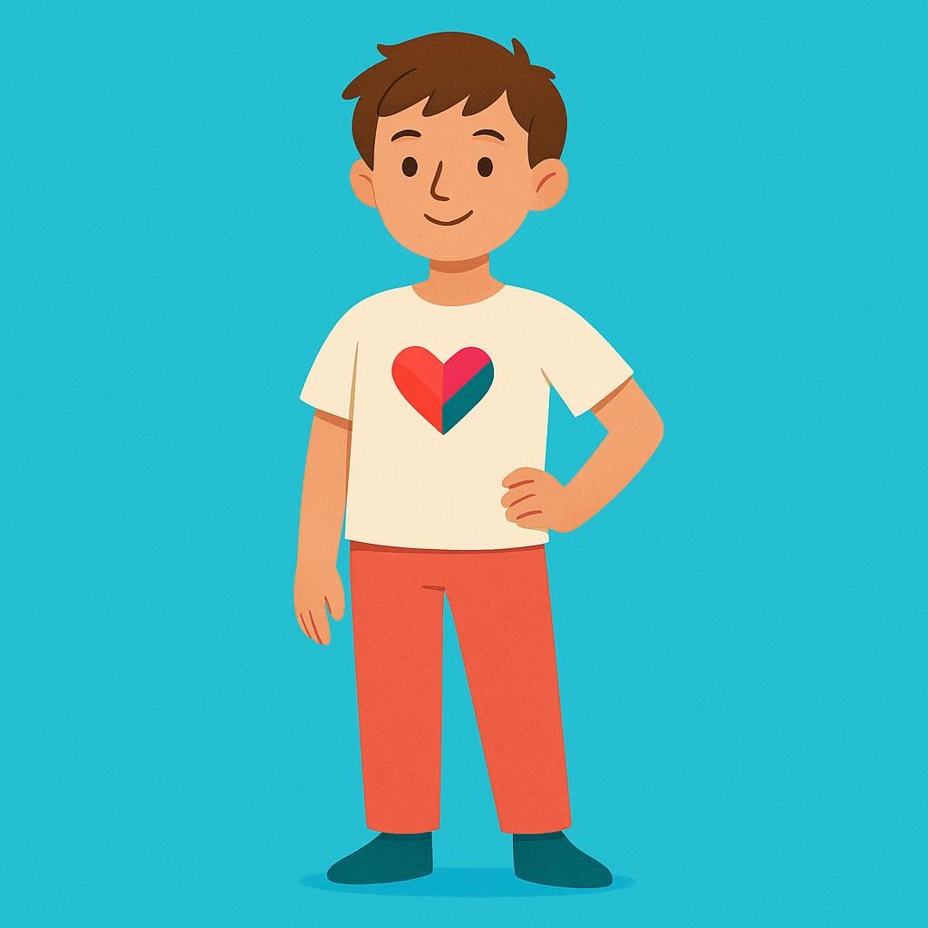 A colorful storybook illustration of a single smiling person wearing a shirt with a small, stylized, colorful heart on it.