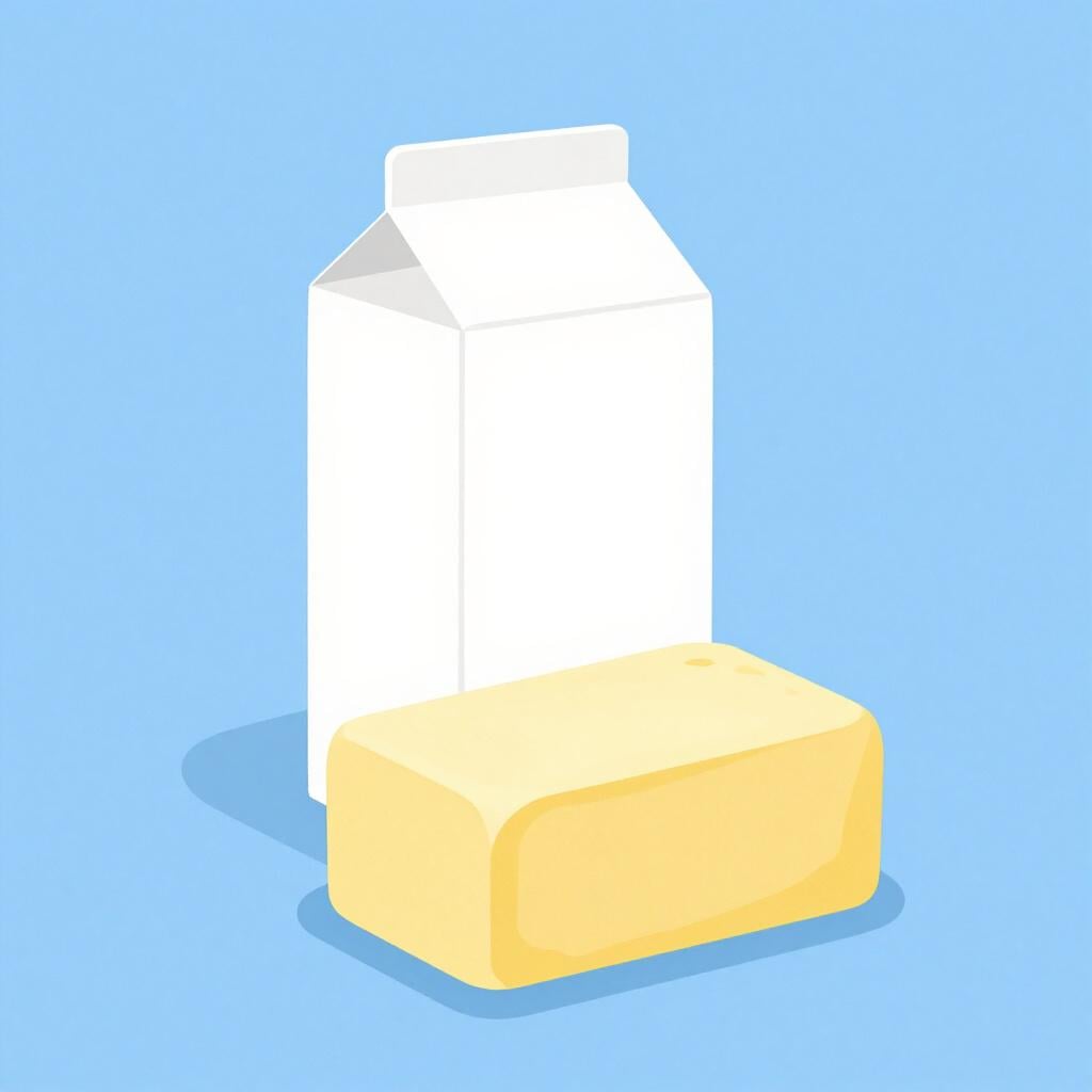 Een enkele pak melk en een blok boter op een effen achtergrond.