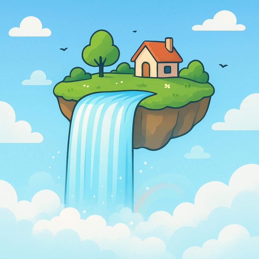 A small, lush green island floating high in the sky with a massive waterfall cascading down into the clouds below, representing an amazing sight.