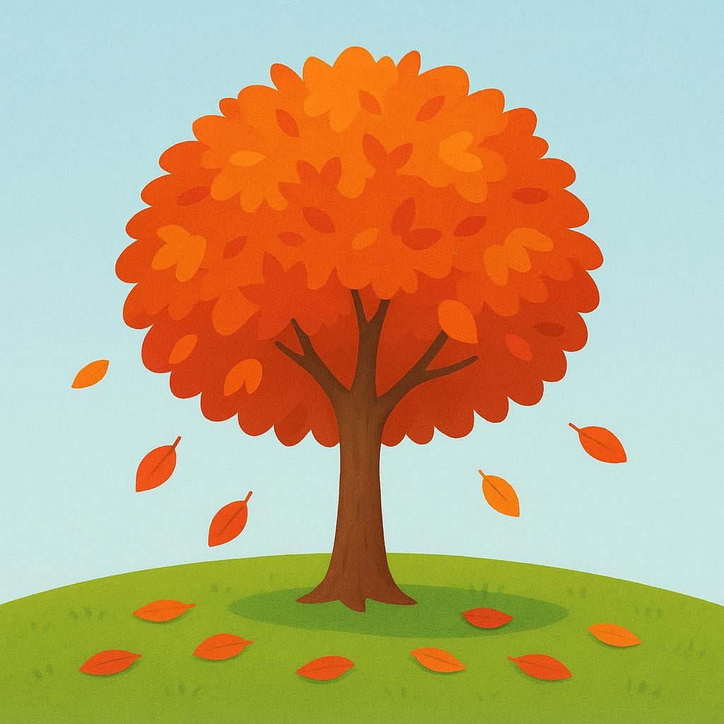 A simple storybook illustration of a small tree during autumn, with bright orange and red leaves falling onto the green grass, representing a season.