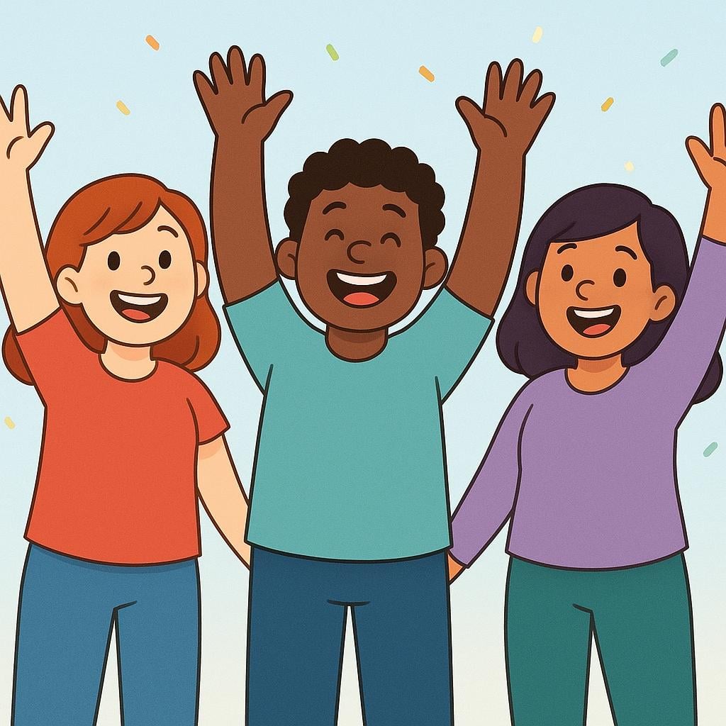 Three diverse, cartoon-style characters standing close together, smiling and enthusiastically raising their hands high in the air, showing unity and high spirits.