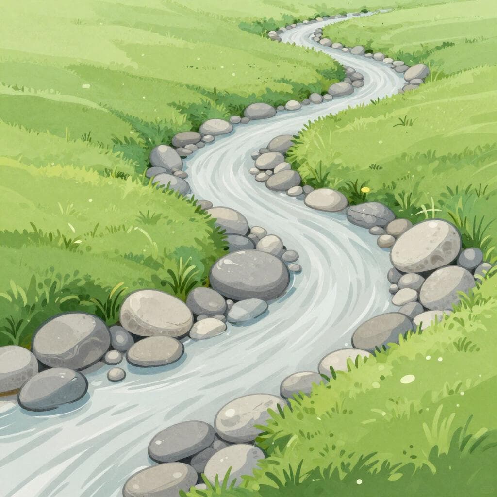 A dry riverbed with smooth stones and pebbles winding through a landscape.