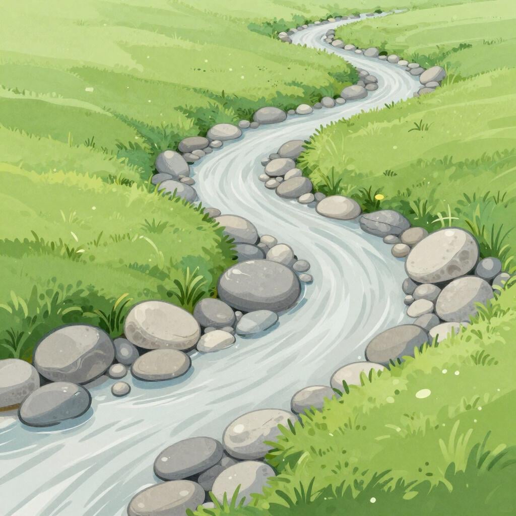 A dry riverbed with smooth stones and pebbles winding through a landscape.