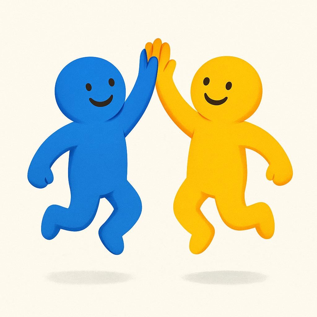 Two simplified, brightly colored figures, one blue and one yellow, high-fiving and smiling happily against a simple background, illustrating shared joy.