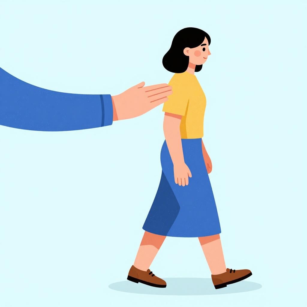 A person gently placing a hand on the shoulder of a walking woman to stop her progress.