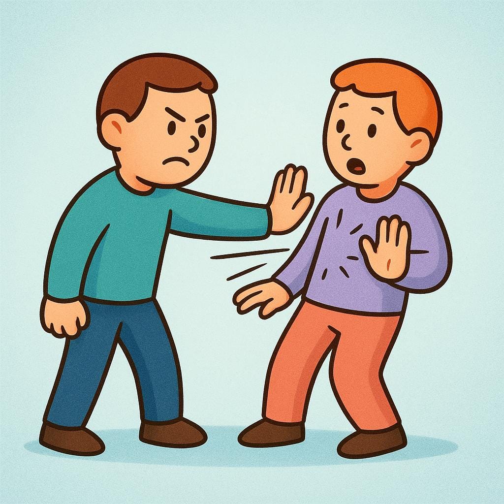 한 사람이 두 손으로 다른 사람을 공격적으로 밀고 있는 모습을 보여주는 단순하고 다채로운 동화책 삽화. 두 인물 모두 화난 표정을 짓고 있습니다.