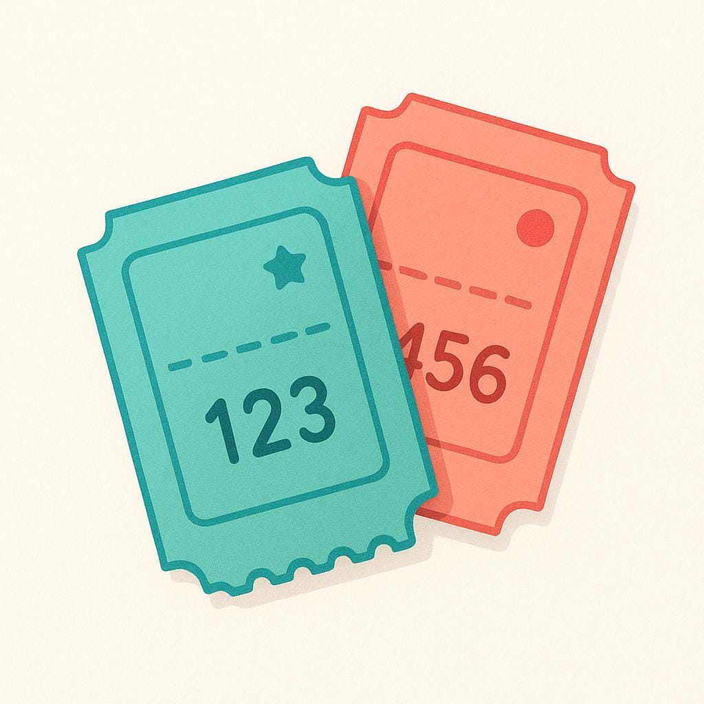 Two simple, colorful rectangular tickets with perforated edges, indicating entry or travel.