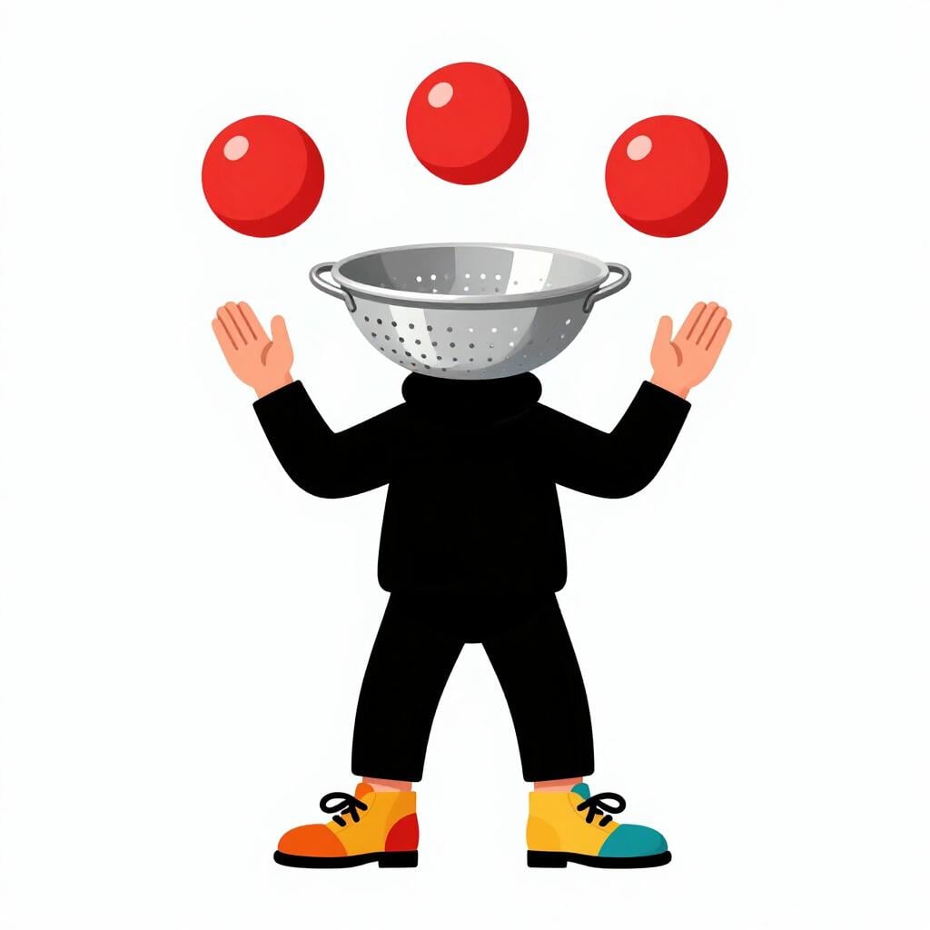 Una persona che indossa scarpe spaiate e un colino come cappello mentre gioca con palline colorate.